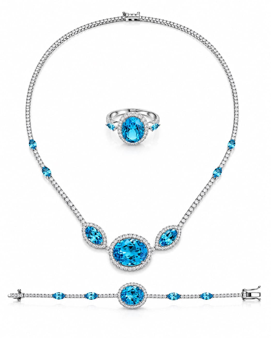 The Caelvm set in 18kt white gold with Swiss Blue topaz and colourless VVS diamonds