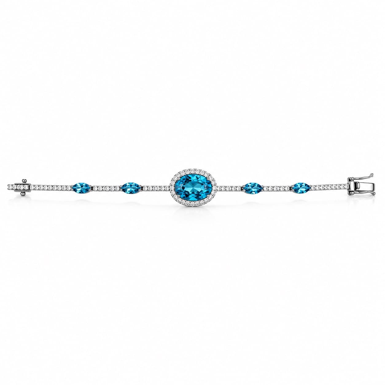 The Caelvm bracelet: alternating colourless VVS diamonds and Swiss Blue topaz around a central stone