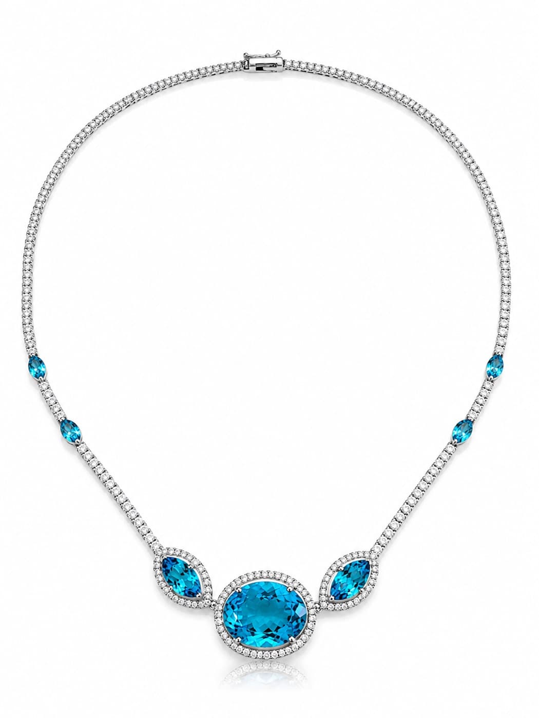 The Caelvm necklace: a line of colourless VVS diamonds punctuated with Swiss Blue topaz