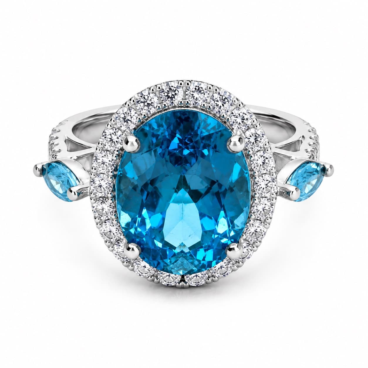 The Caelvm ring: an oval Swiss Blue topaz framed by colourless VVS diamonds